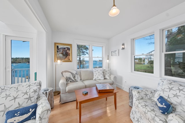 living room featuring a water view and hardwood / wood-style floors