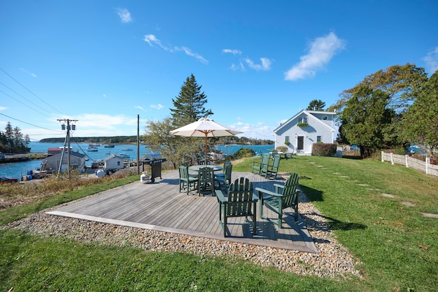 view of yard with a deck with water view