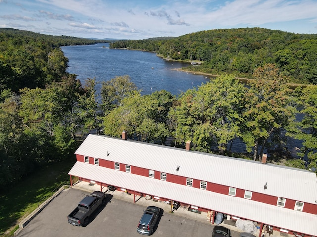 drone / aerial view featuring a water view and a view of trees