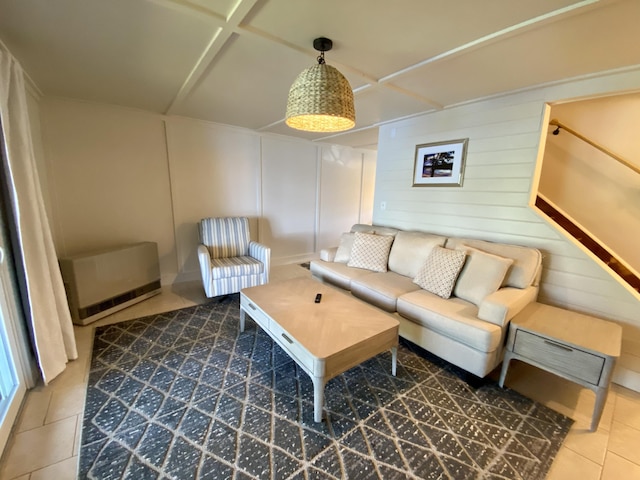 tiled living room with a decorative wall