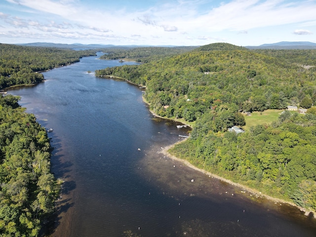 aerial view featuring a wooded view and a water and mountain view