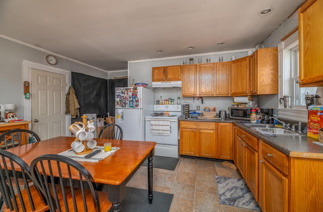 kitchen featuring ornamental molding, sink, and white appliances