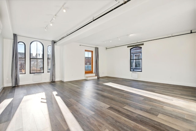 unfurnished room featuring a wealth of natural light, rail lighting, and hardwood / wood-style flooring