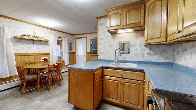 kitchen featuring stainless steel range, crown molding, baseboard heating, and sink