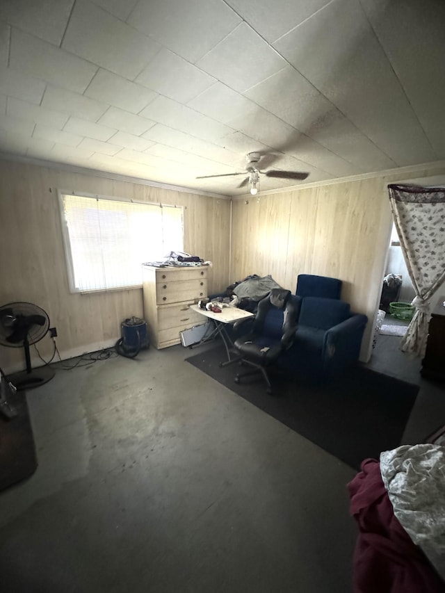 interior space featuring concrete flooring and ceiling fan