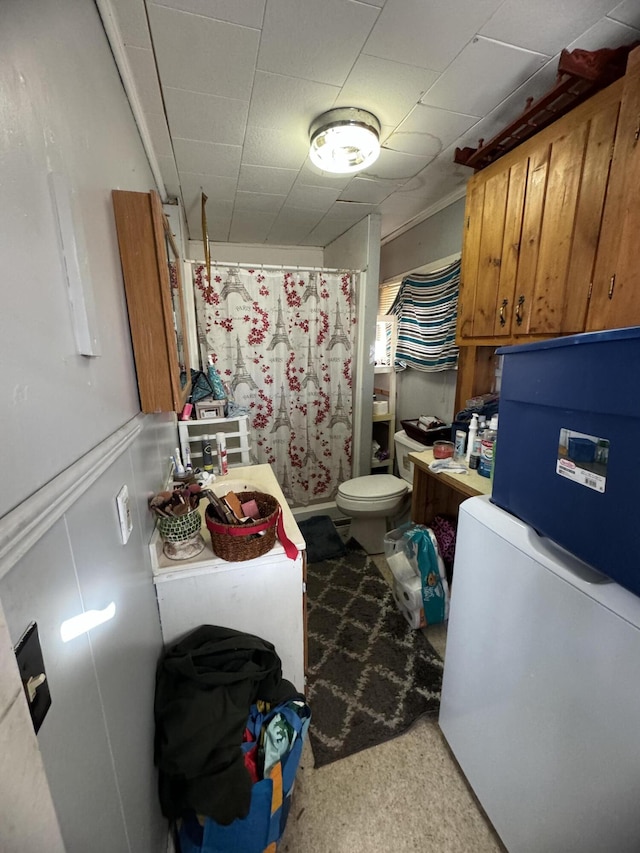 bathroom featuring toilet and a shower with shower curtain