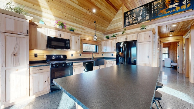 kitchen with light brown cabinetry, tasteful backsplash, black appliances, pendant lighting, and wooden ceiling