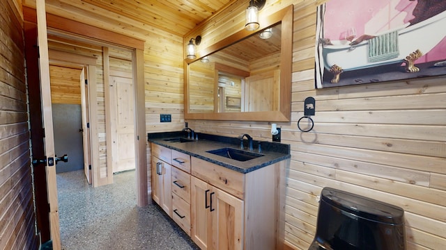 bathroom with vanity, toilet, wooden ceiling, and wooden walls