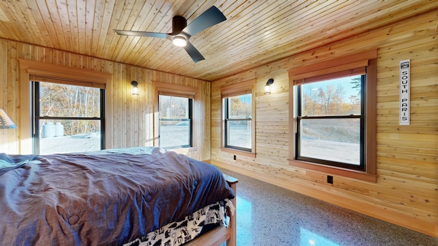 bedroom featuring multiple windows, wooden walls, ceiling fan, and wooden ceiling