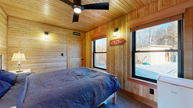 bedroom featuring multiple windows, ceiling fan, wooden ceiling, and wood walls