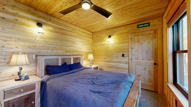 bedroom featuring ceiling fan, wood walls, and wooden ceiling