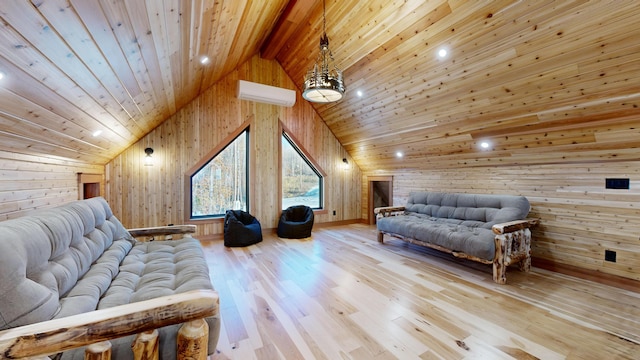 interior space with high vaulted ceiling, beam ceiling, a wall mounted AC, light hardwood / wood-style floors, and wood ceiling