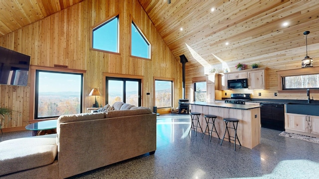 living room with wood walls, high vaulted ceiling, wooden ceiling, and sink