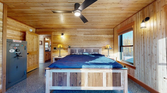 unfurnished bedroom with wooden walls, ceiling fan, and wooden ceiling