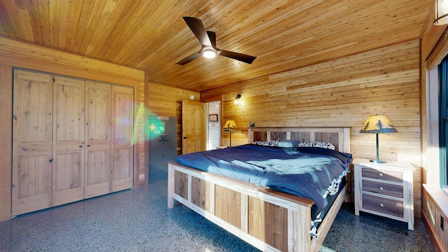 bedroom featuring wooden ceiling, a closet, ceiling fan, and wooden walls