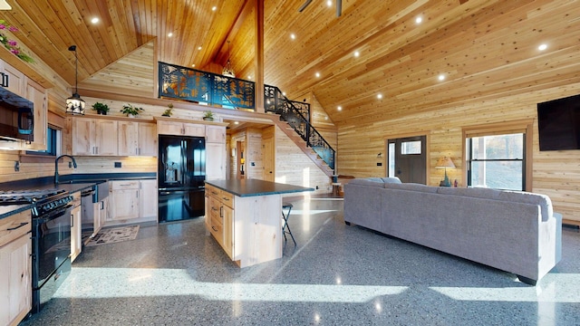 kitchen featuring light brown cabinetry, black appliances, high vaulted ceiling, wooden ceiling, and a kitchen island