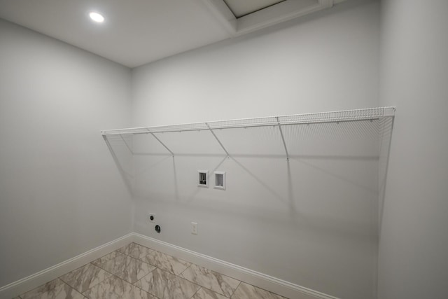 LOT8 Ward Rd, Sebago, ME 04029 - washroom with washer hookup, baseboards, light marble finish flooring, electric dryer hookup, and attic access