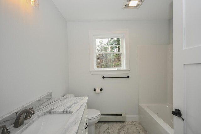 LOT8 Ward Rd, Sebago, ME 04029 - full bath with a baseboard radiator, toilet, marble finish floors, baseboards, and vanity