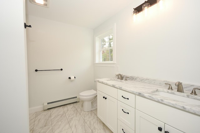 LOT8 Ward Rd, Sebago, ME 04029 - bathroom with a baseboard radiator, toilet, marble finish flooring, baseboards, and double vanity