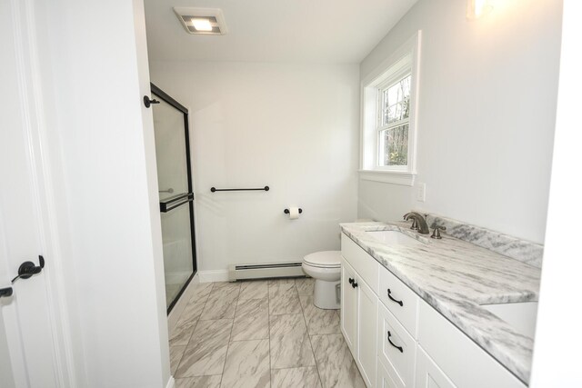 LOT8 Ward Rd, Sebago, ME 04029 - full bath featuring a baseboard heating unit, marble look tile flooring, a shower stall, toilet, and double vanity
