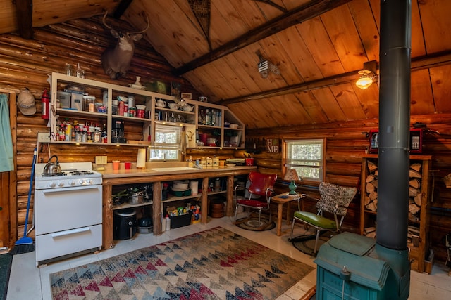 449 Porter Nadeau Rd, Eustis, ME 04936 - interior space with white gas range oven, log walls, a wood stove, wood ceiling, and open shelves