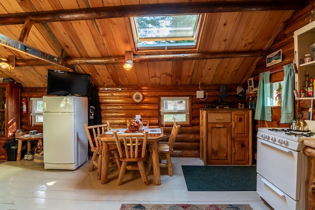 kitchen featuring vaulted ceiling with skylight, wooden ceiling, log walls, and white appliances