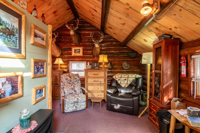 sitting room with wood ceiling, dark colored carpet, vaulted ceiling with beams, and rustic walls