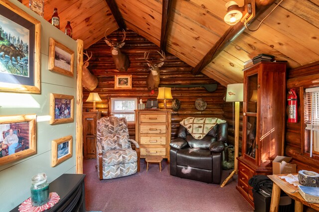 449 Porter Nadeau Rd, Eustis, ME 04936 - carpeted living room featuring wood ceiling and rustic walls