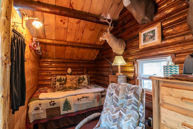 bedroom with wood ceiling, hardwood / wood-style flooring, vaulted ceiling with beams, and rustic walls