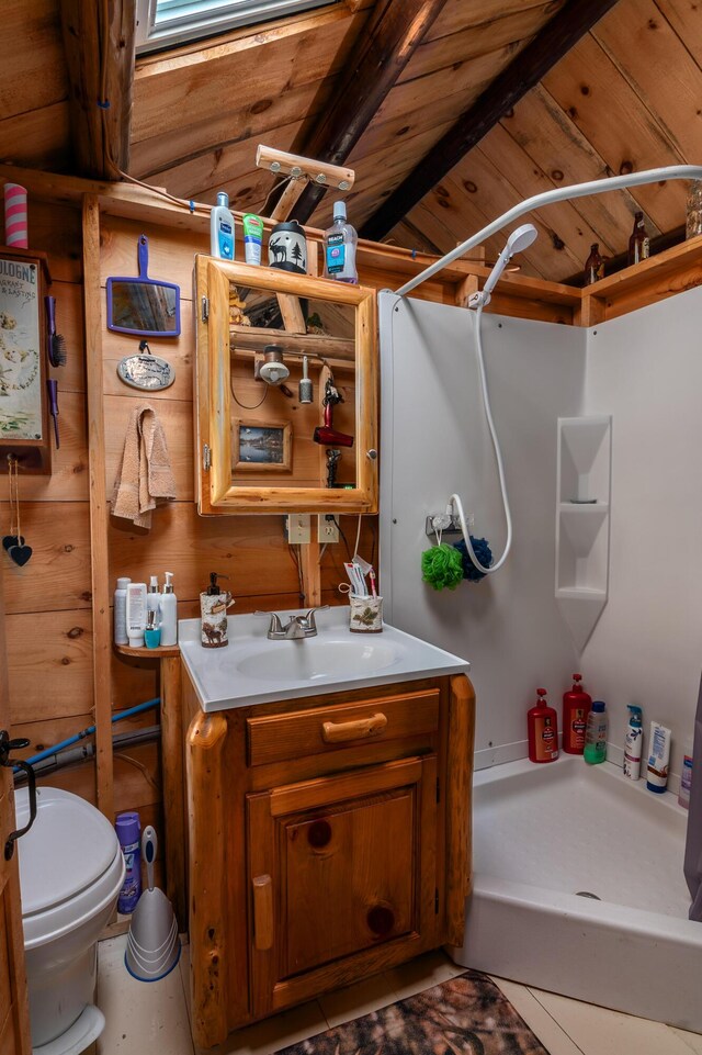 449 Porter Nadeau Rd, Eustis, ME 04936 - full bathroom featuring a stall shower, toilet, vanity, wood ceiling, and vaulted ceiling