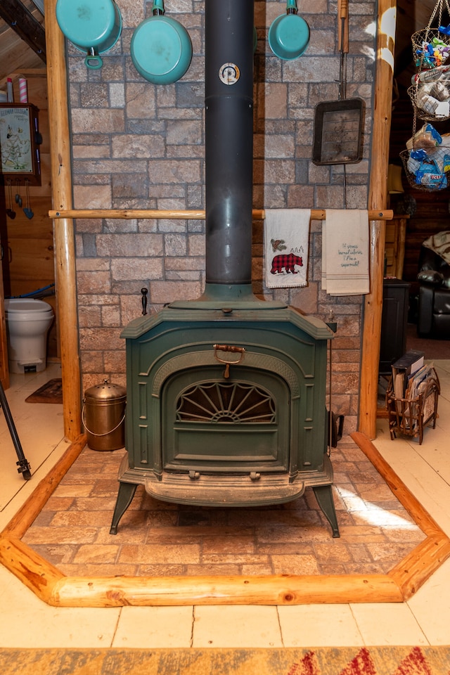 room details featuring a wood stove