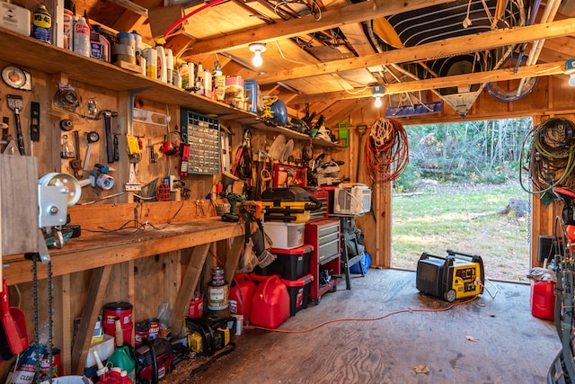 garage with a workshop area