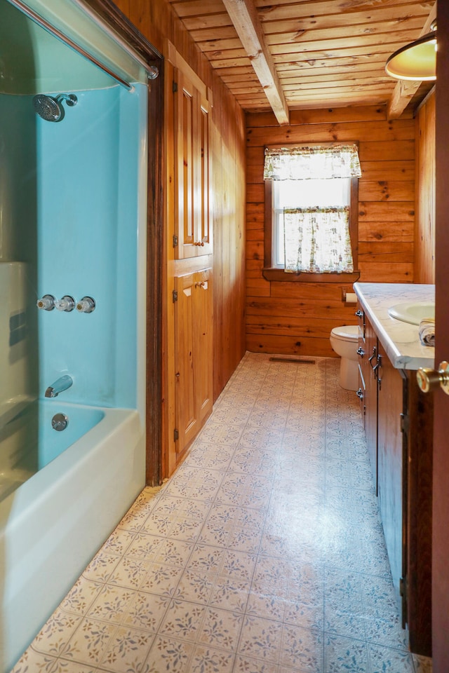 full bathroom with wooden ceiling, wood walls, vanity, bathing tub / shower combination, and beam ceiling