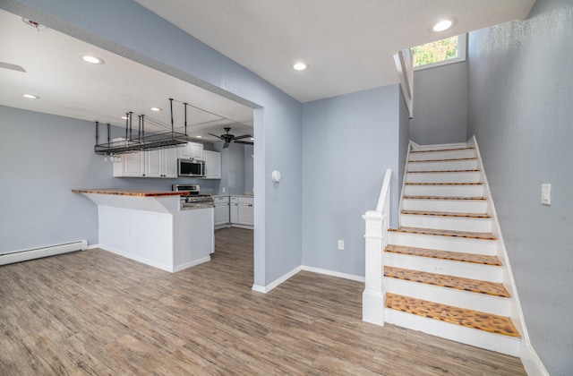 kitchen with a baseboard heating unit, light hardwood / wood-style flooring, kitchen peninsula, stainless steel appliances, and white cabinetry