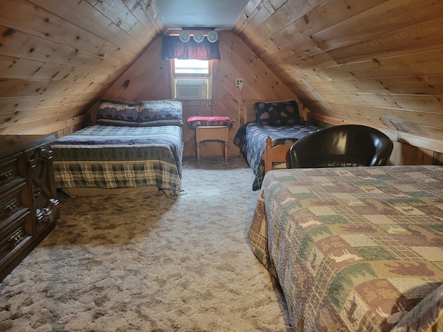 900 Brewer Lake Rd, Orrington, ME 04474 - bedroom with carpet floors, lofted ceiling, cooling unit, wood walls, and wood ceiling