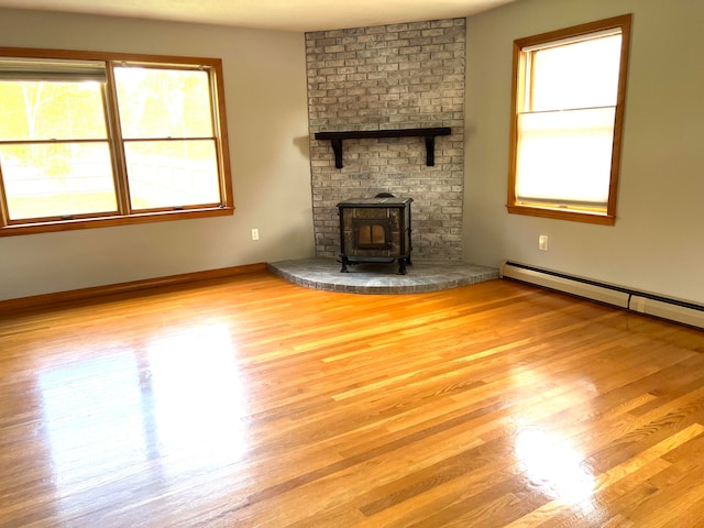 unfurnished living room with light hardwood / wood-style flooring and a wood stove