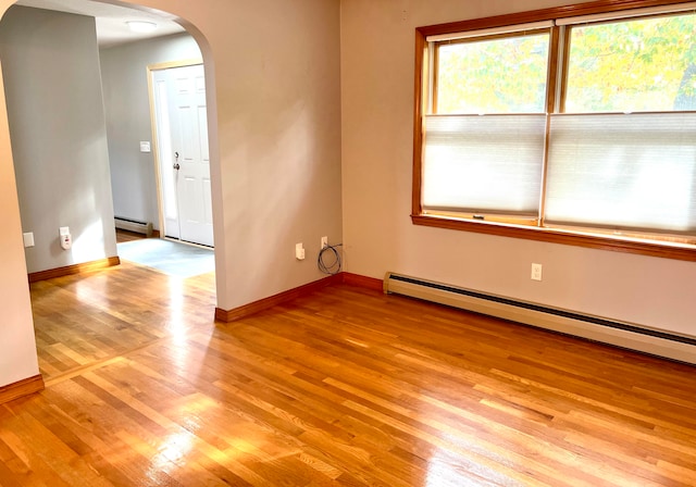 unfurnished room with light hardwood / wood-style flooring and a baseboard heating unit