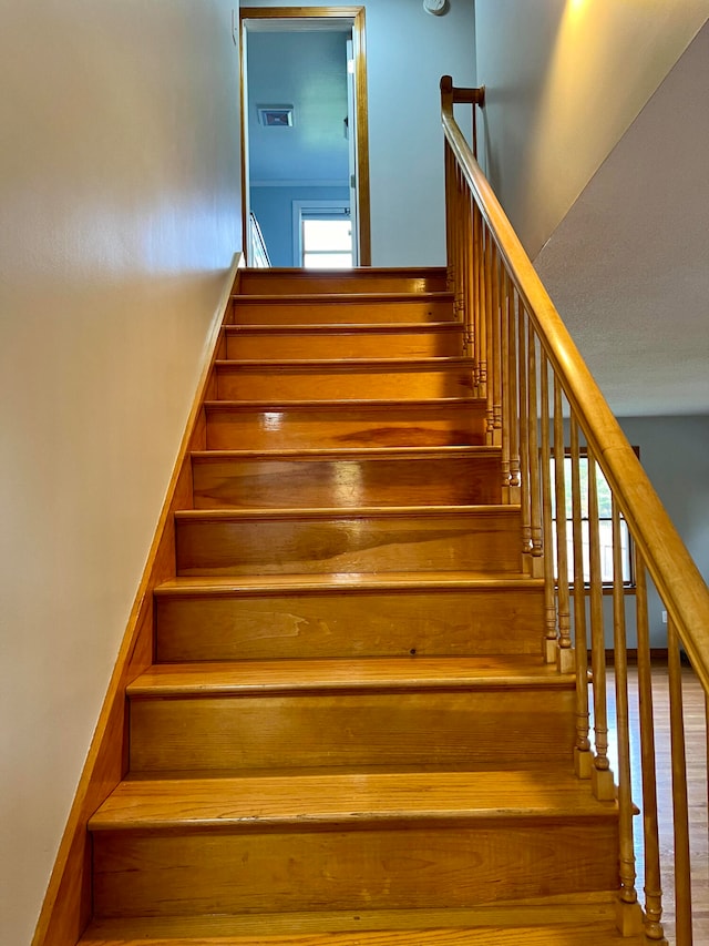 staircase with hardwood / wood-style flooring