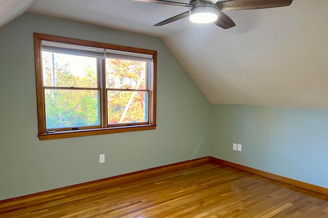 additional living space with lofted ceiling, a textured ceiling, and light hardwood / wood-style floors