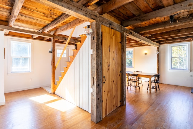 interior space featuring hardwood / wood-style flooring and wooden ceiling