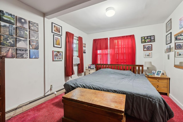 carpeted bedroom featuring baseboard heating and beamed ceiling