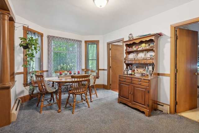 442-448 Maine Ave, Farmingdale, ME 04344 - dining space featuring baseboard heating, carpet flooring, a baseboard radiator, and decorative columns
