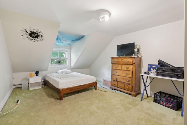 carpeted bedroom with vaulted ceiling