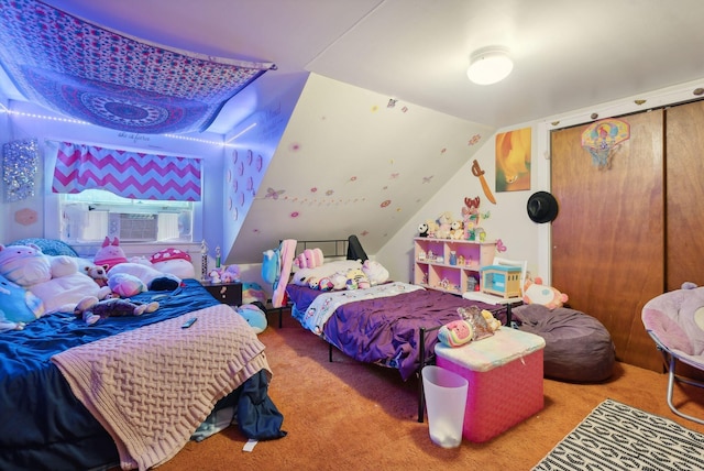 carpeted bedroom with cooling unit and vaulted ceiling