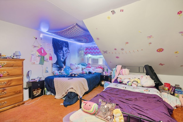 carpeted bedroom with lofted ceiling and cooling unit