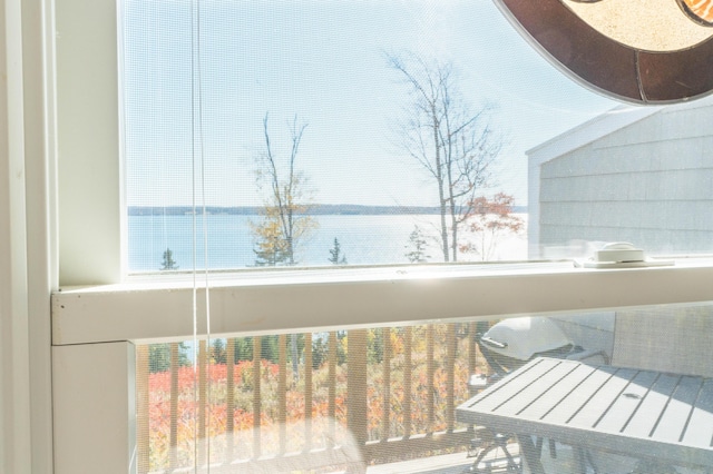 interior space with a water view