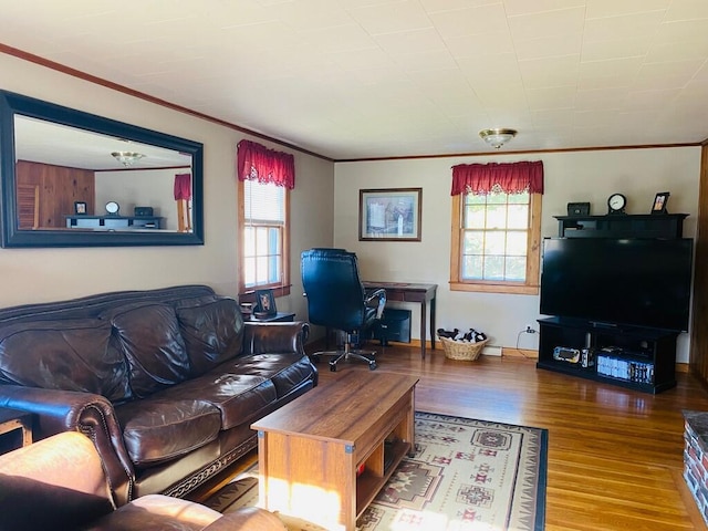 living room with hardwood / wood-style floors and crown molding