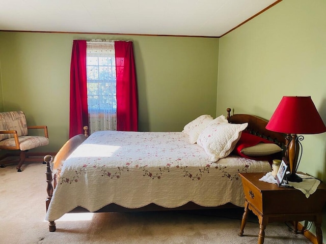 bedroom with crown molding and carpet flooring