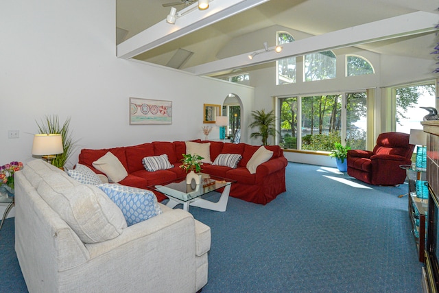 living room featuring carpet floors, beam ceiling, high vaulted ceiling, and rail lighting