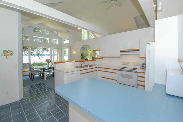 kitchen with white appliances, white cabinetry, and kitchen peninsula